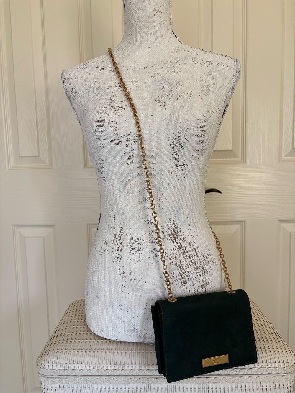 Zac Posen Dark Green Suede Crossbody/Clutch with Gold Chain